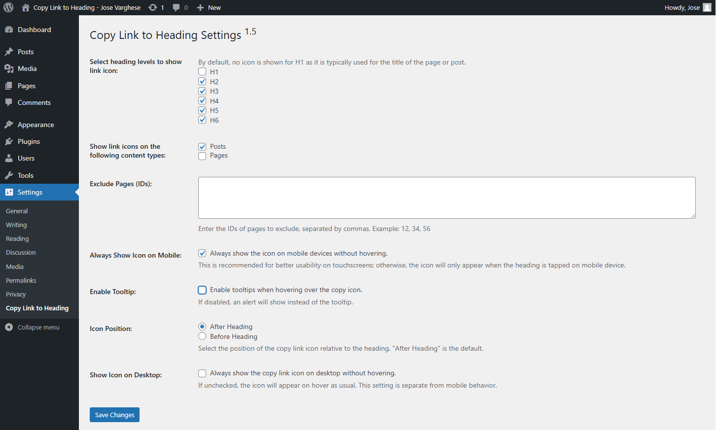 **Settings Page:** Configure which heading levels and content types should display the link icon.