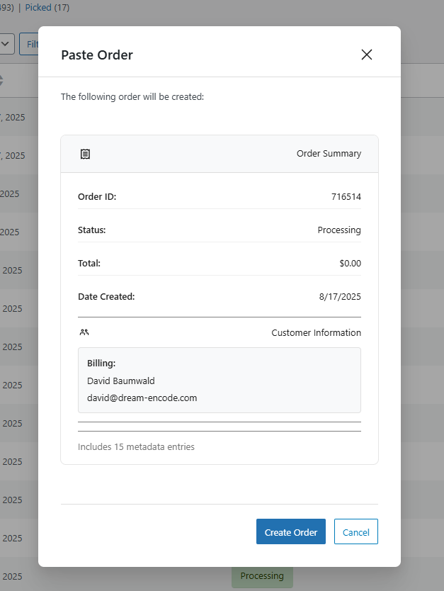 Paste order data