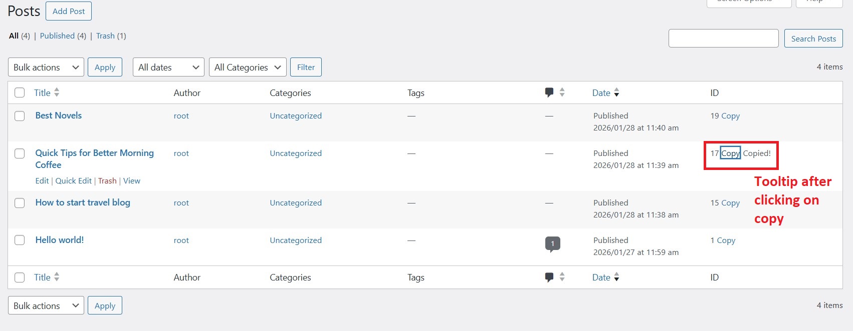 Copy button to instantly copy the ID