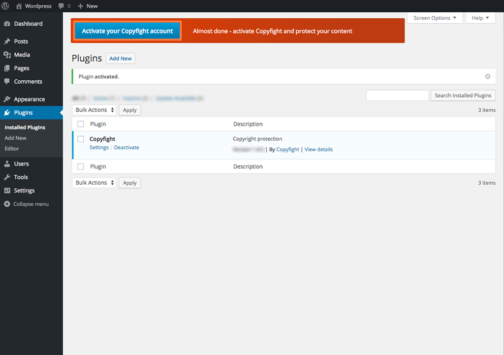 Wordpress Plugins screen