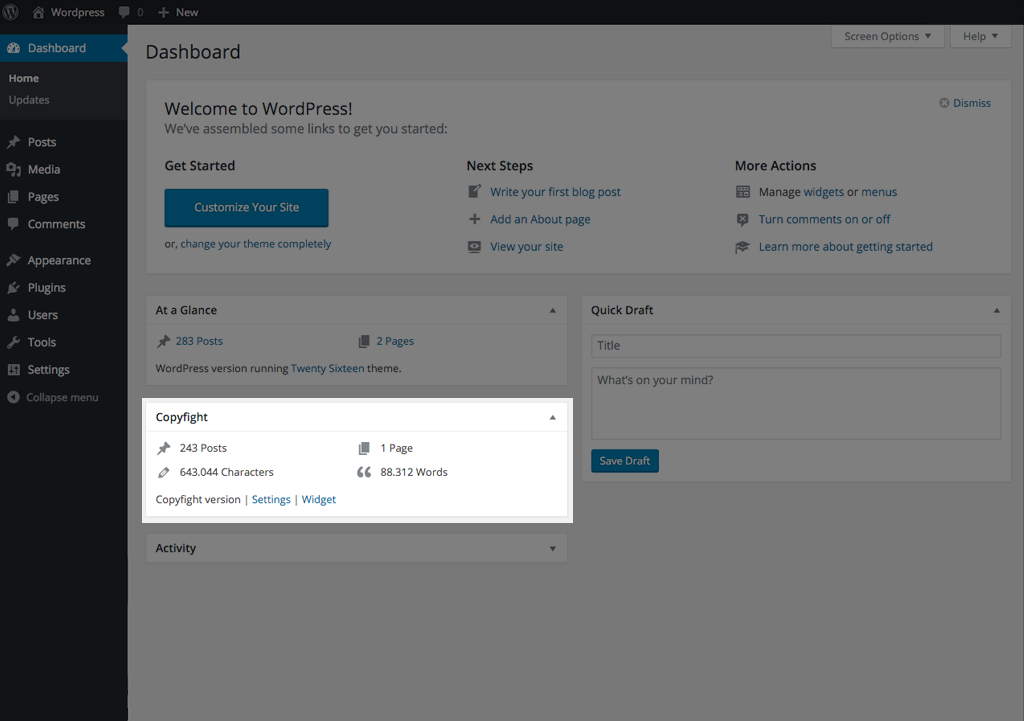 Wordpress Dashboard screen