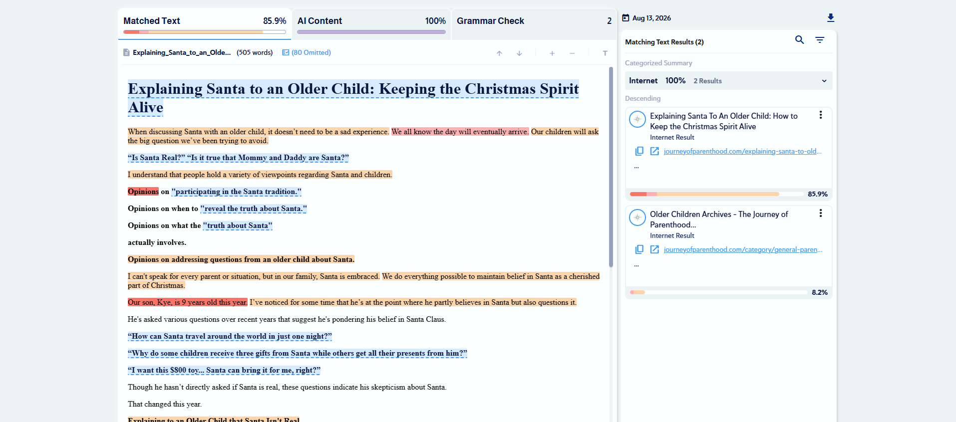The full Copyleaks report: matched text, AI content, and grammar analysis side by side.
