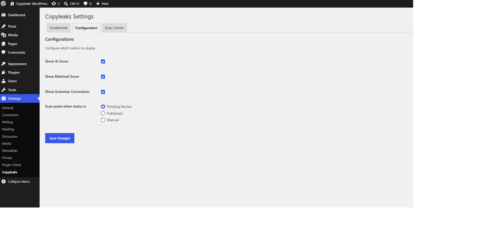 Plugin settings — choose which scores to display and which post status triggers an automatic scan.
