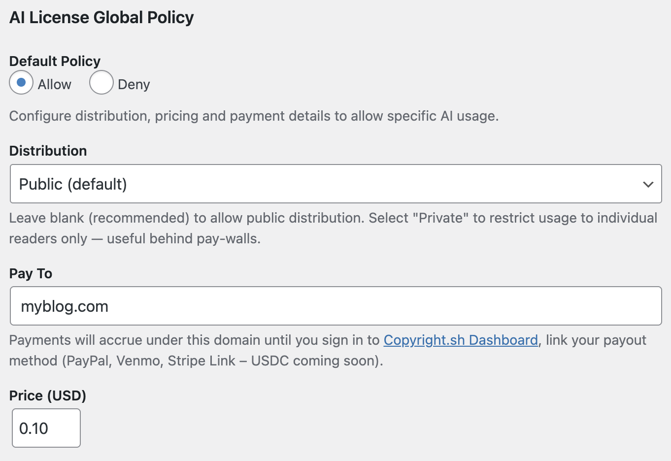 Global settings page - Configure your default AI licensing policy with pricing and payment details