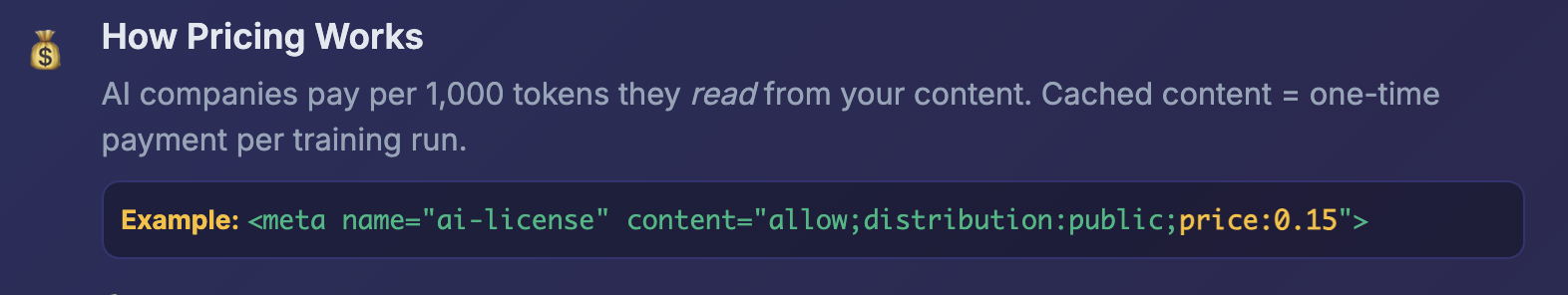 How pricing works - Example showing the meta tag format AI companies read