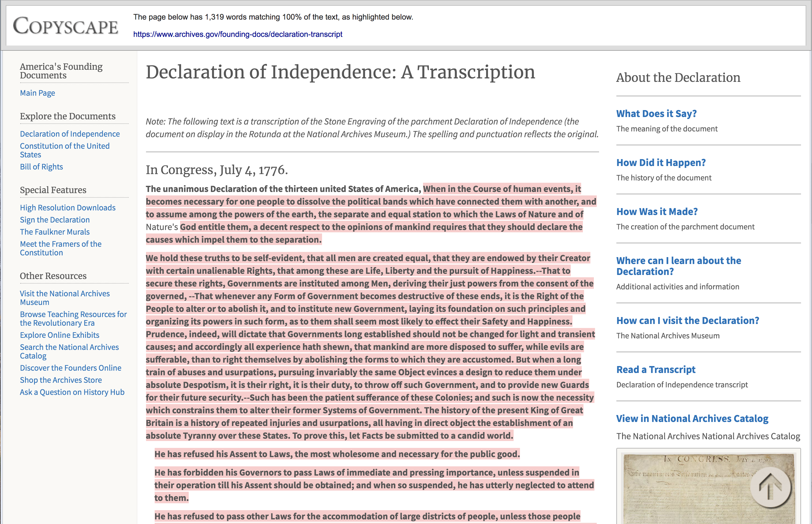 A detailed comparison shows the user's content highlighted on the found page.
