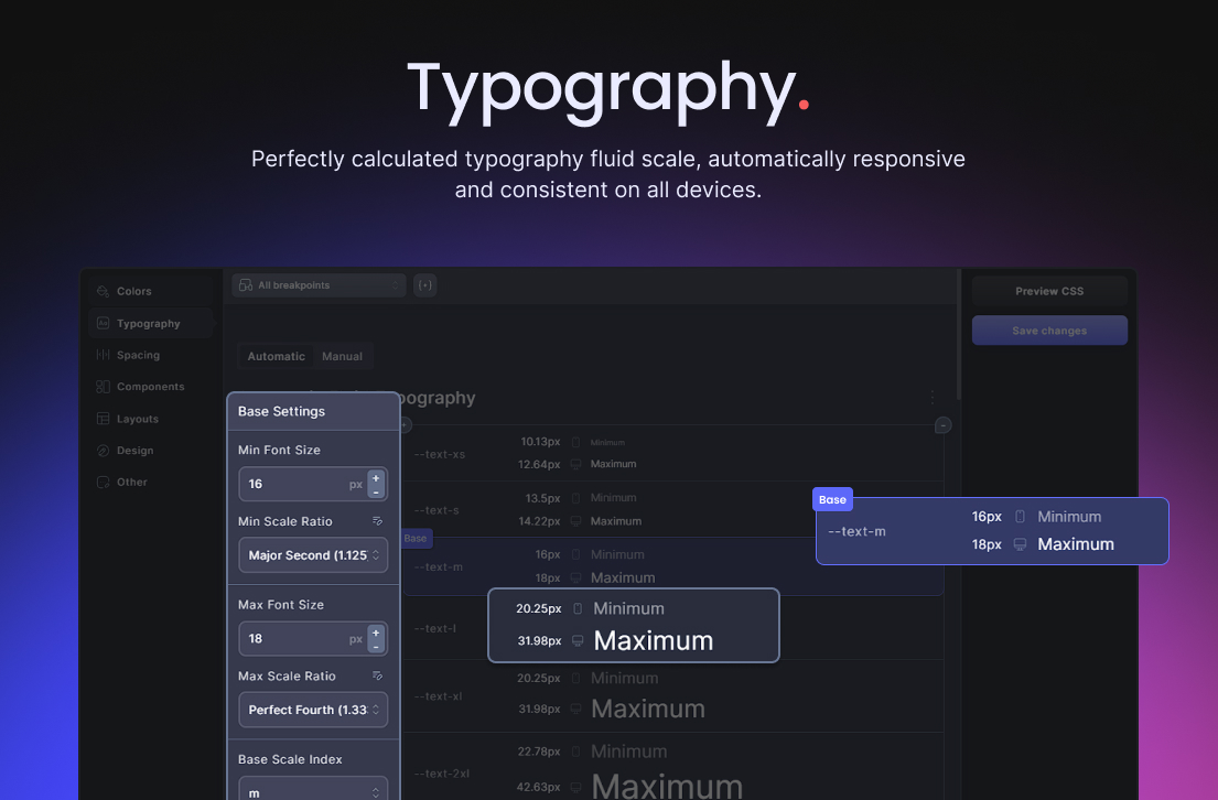 Perfectly calculated typography fluid scale, automatically responsive and consistent on all devices.
