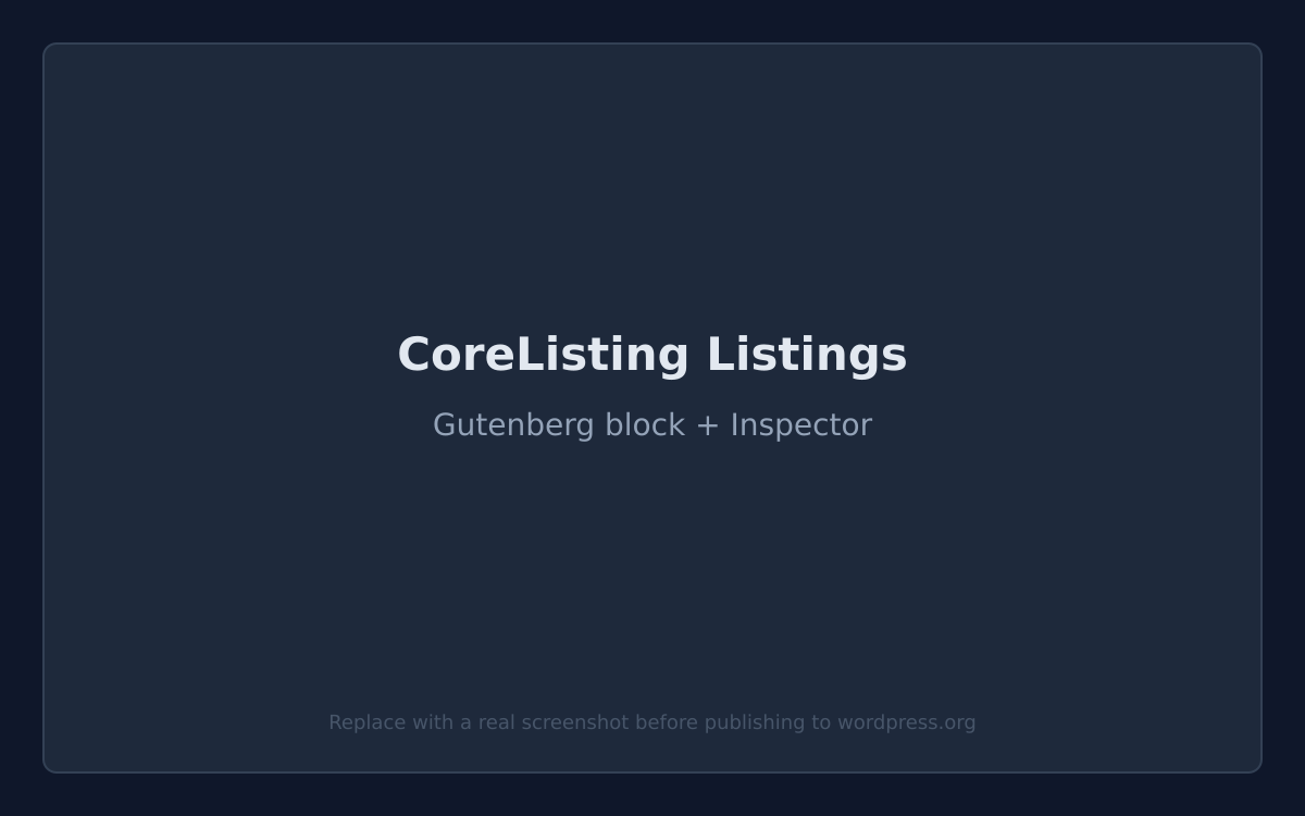 The "Core Listing Listings" block with its Inspector sidebar of filter and layout controls.