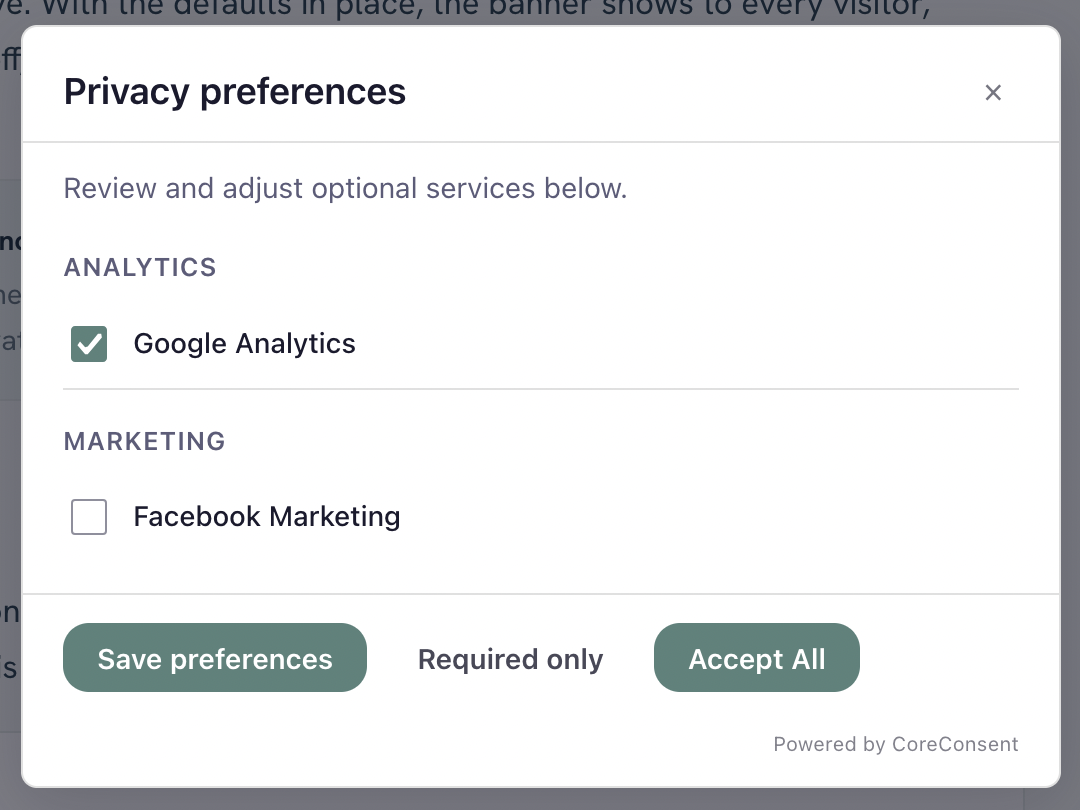 The preferences modal: visitors turn individual services on or off, grouped by category.