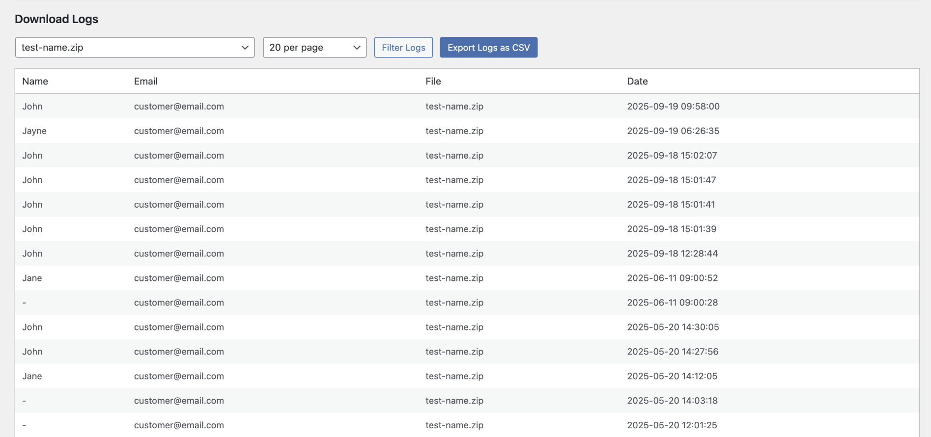 Download logs (CSV export available)