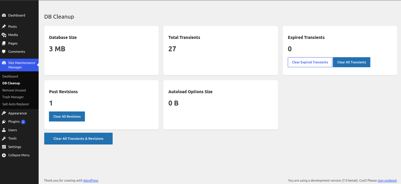Database cleanup for transients and post revisions.
