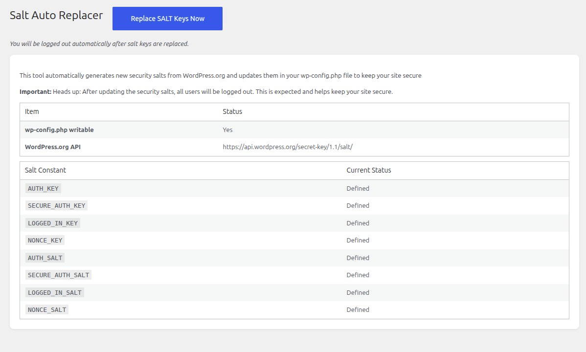 Regenerate WordPress security salt keys from the admin.