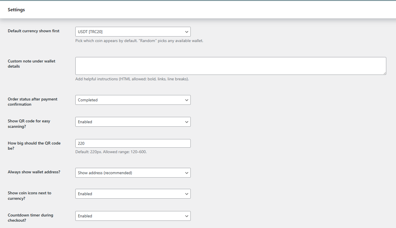 Wallet configuration interface.