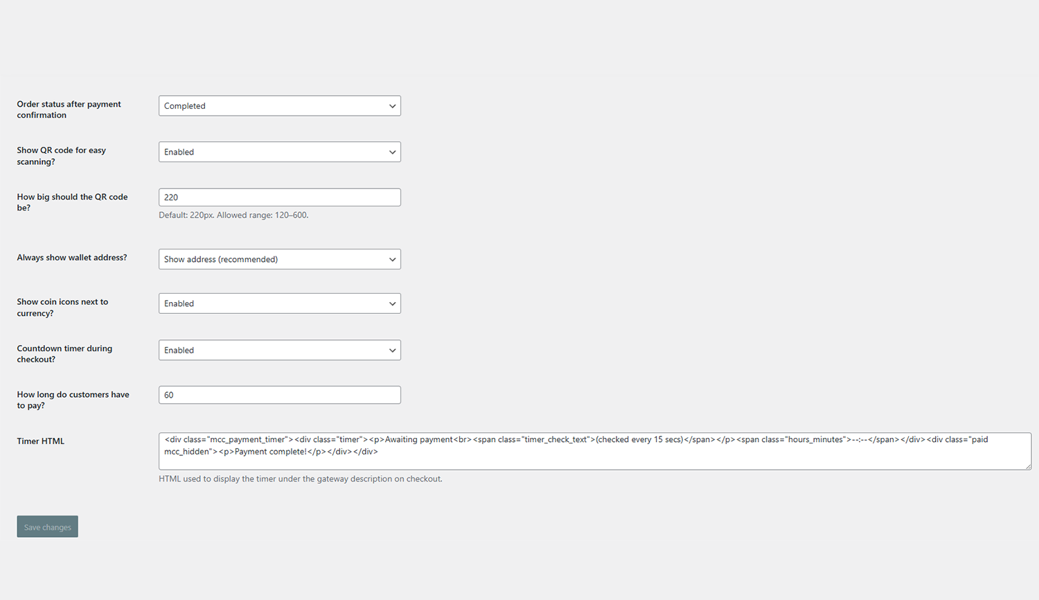 Advanced payment settings (QR, timer, icons).