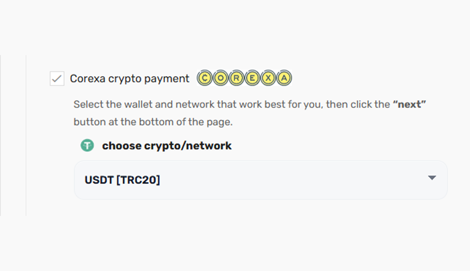 Crypto selection on checkout page.