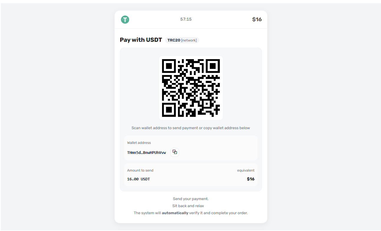 Thank you page with QR code and payment details.