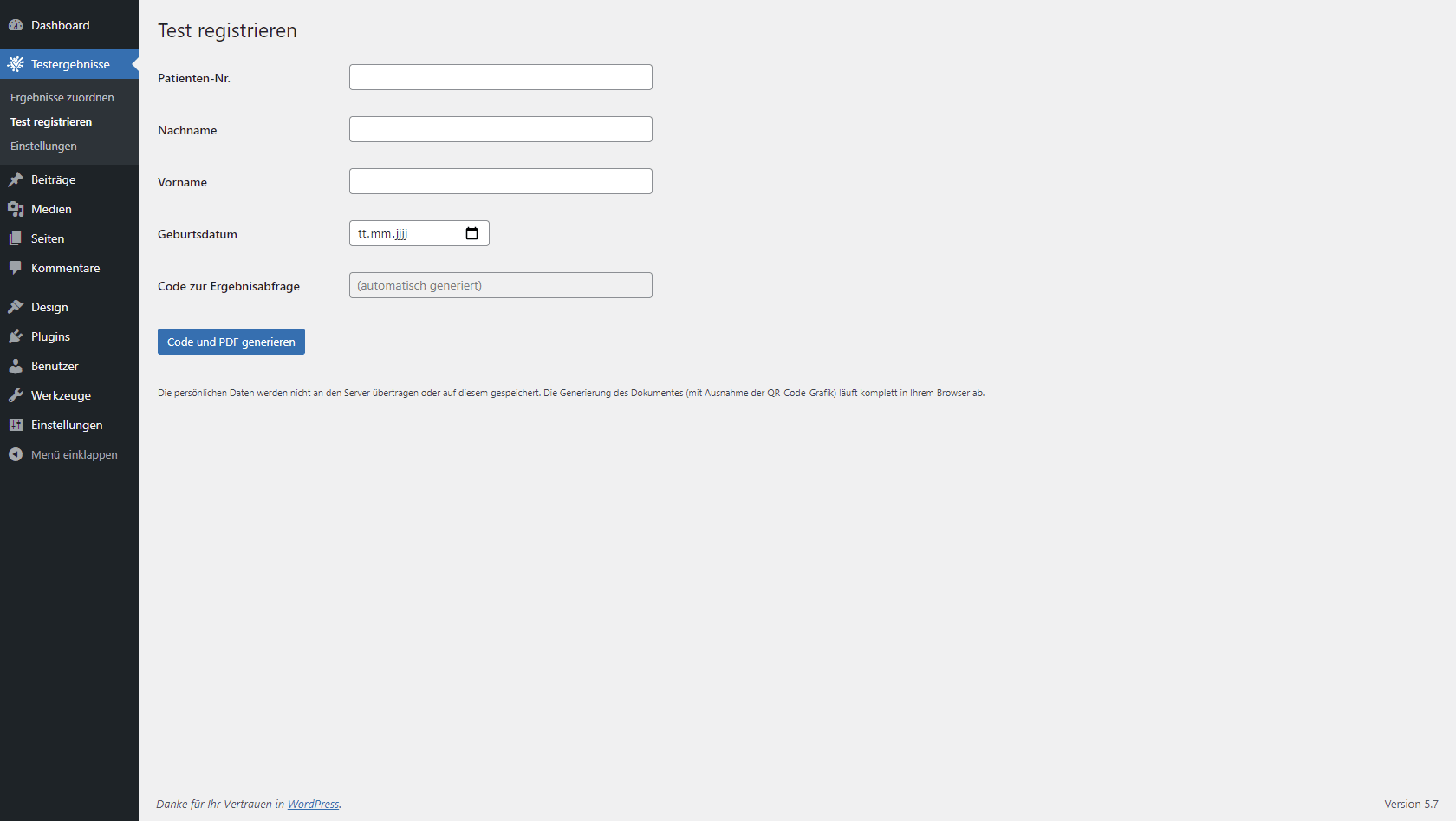 Test registration page