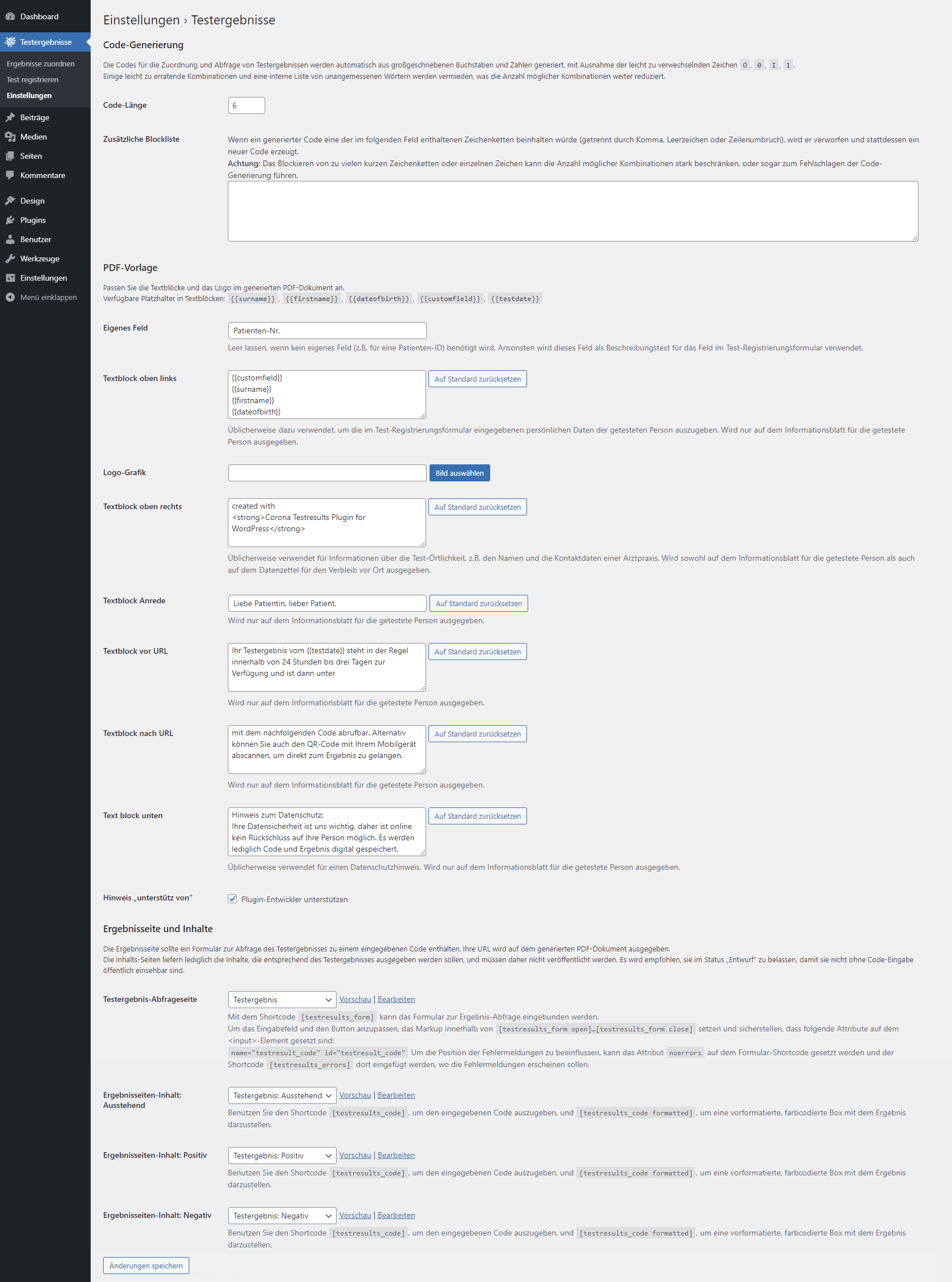 Plugin settings page