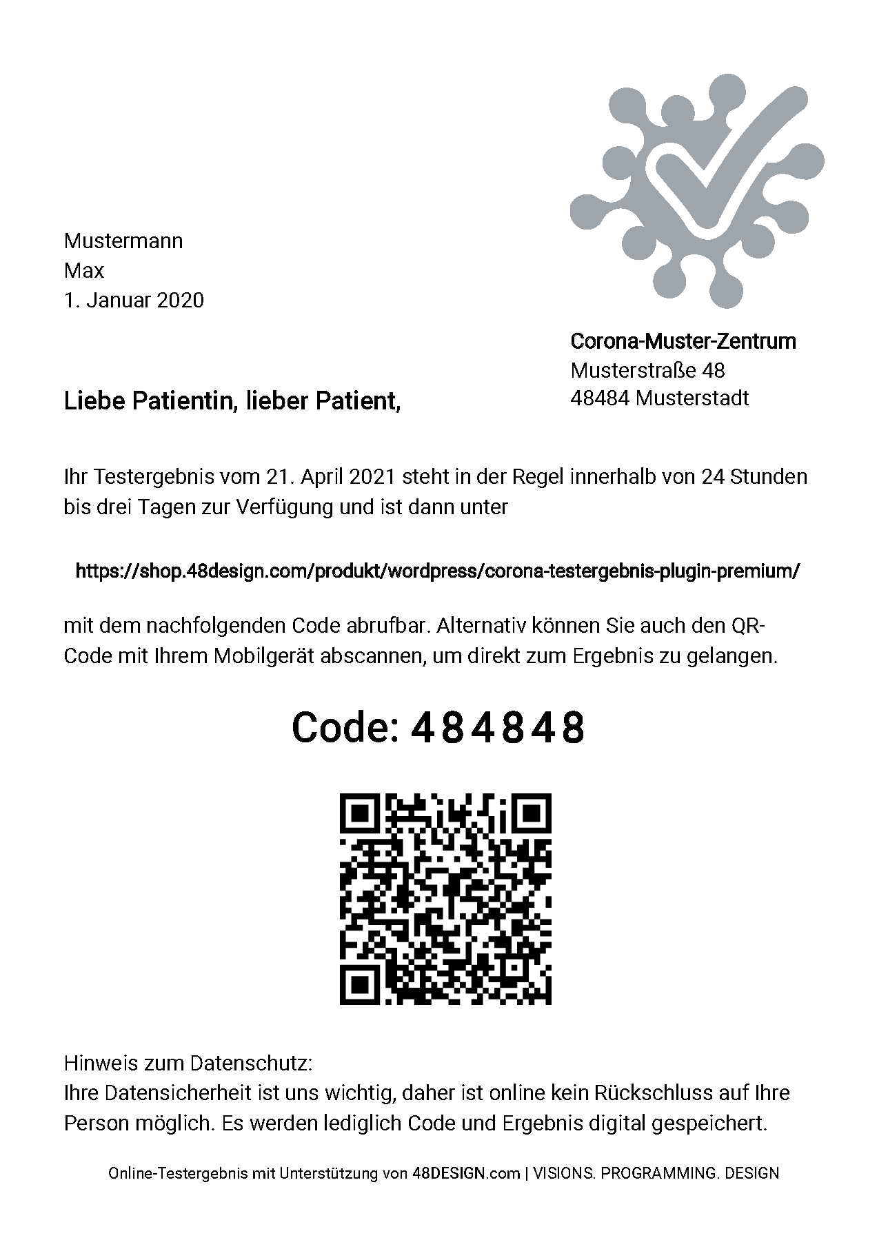 Page 2 of the generated document, for on-site safekeeping and result assignation (German translation)