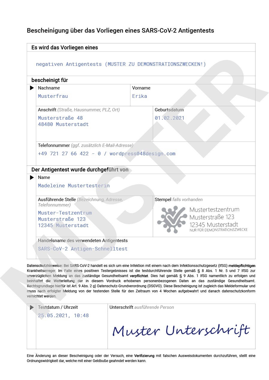 Test certificate (German translation)