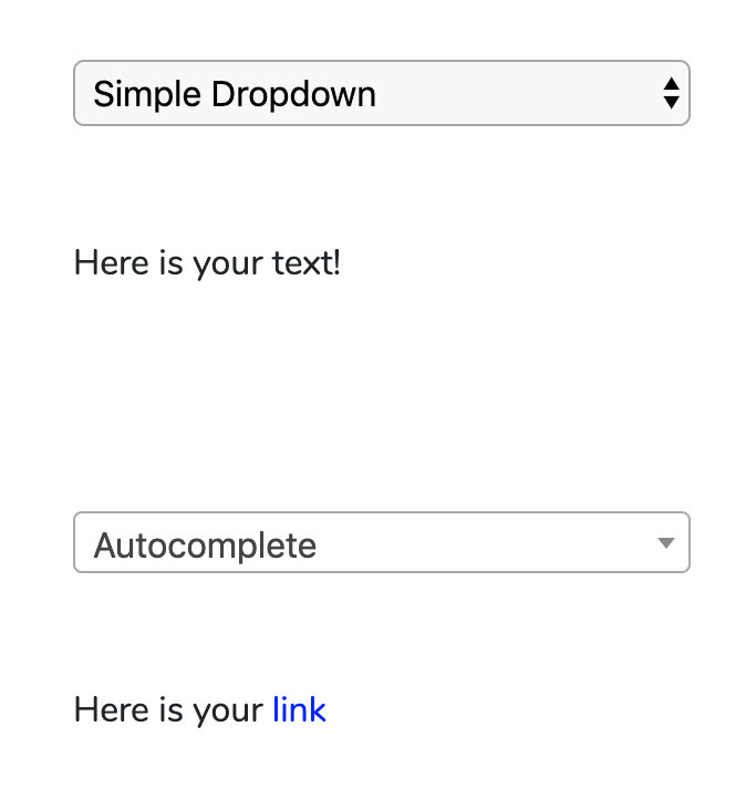 A dropdown box and autocomplete search box on an example page