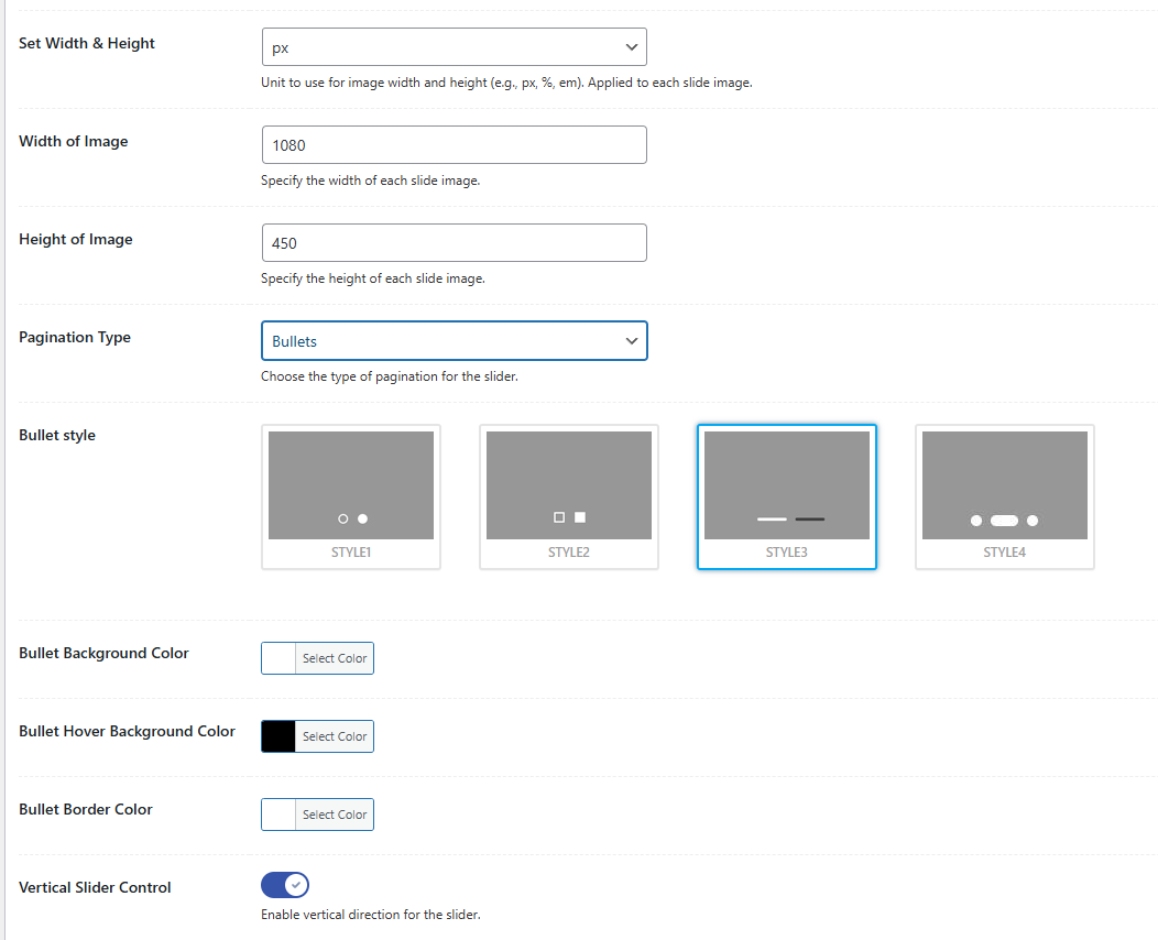 Slider Settings – Bullets Options