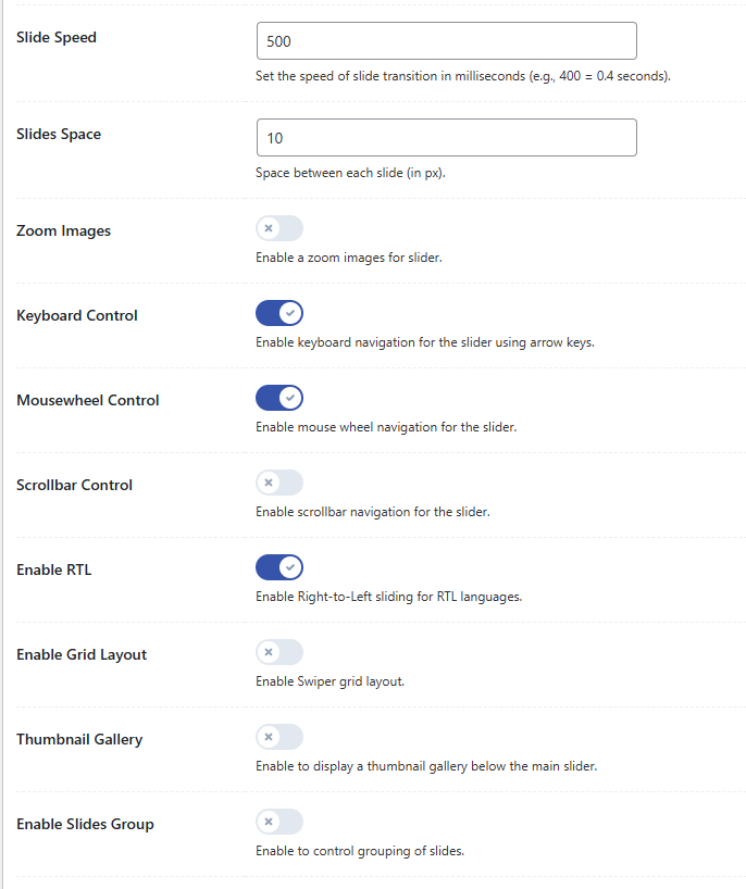 Slider Settings – Responsive & Other Options