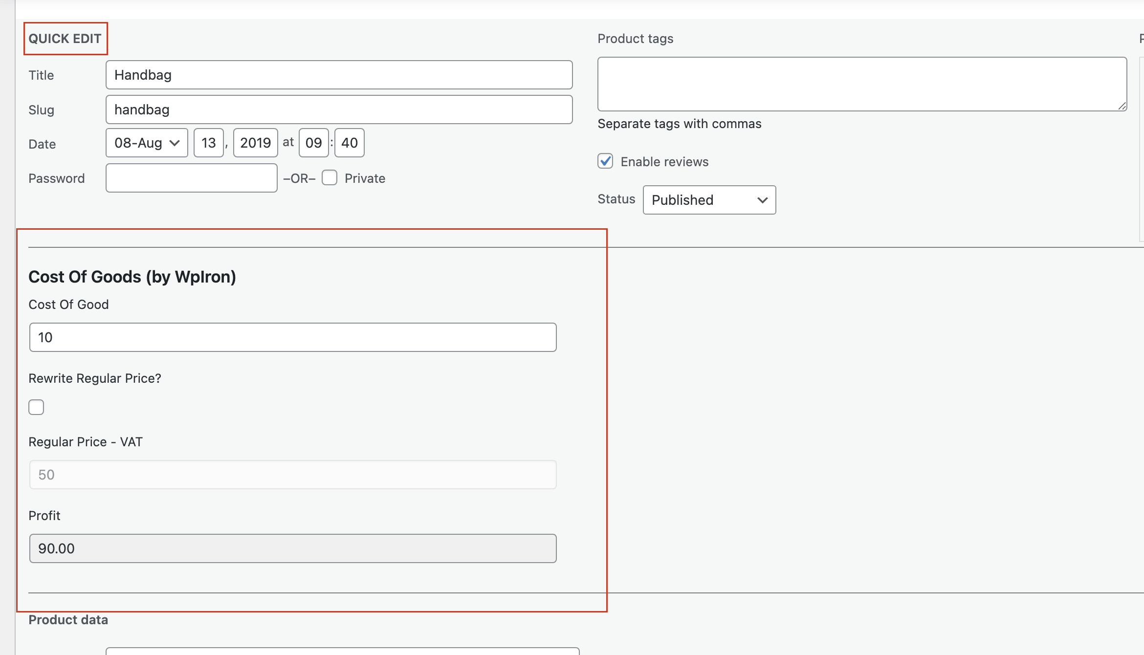 screenshot-2.png - Cost of Goods field in WooCommerce product page.