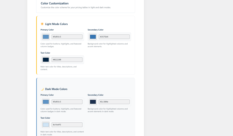 **Color Customization**: Light and dark mode color schemes