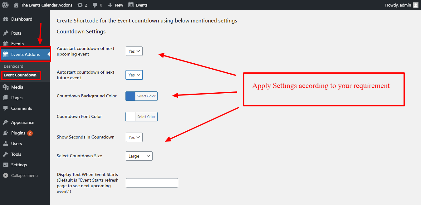 Countdown for The Events Calendar settings panel