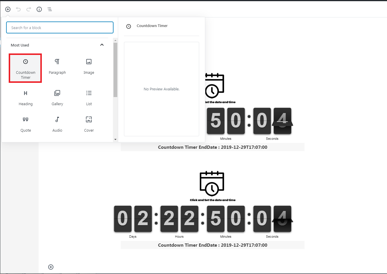 This screen shot view Editor Clock on wordpress editor