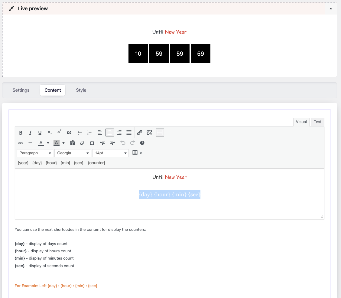 Editable content field for the countdown block