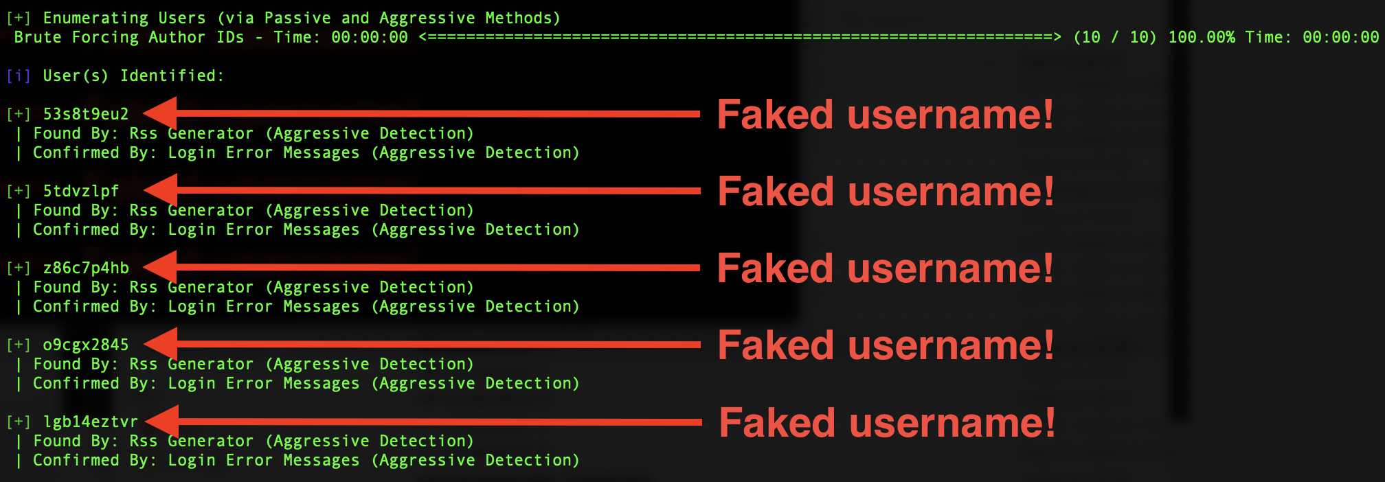 Deceiving WPScan's username hunting. Real usernames were "admin", "admin2", "admin3", "admin4", "admin5". No hacker can log in with these faked usernames because they don't actually exist.