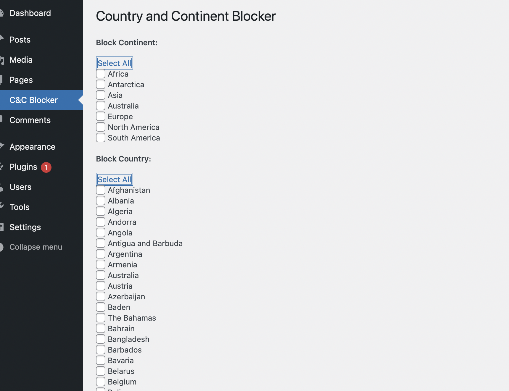 The admin panel which gives options to block areas