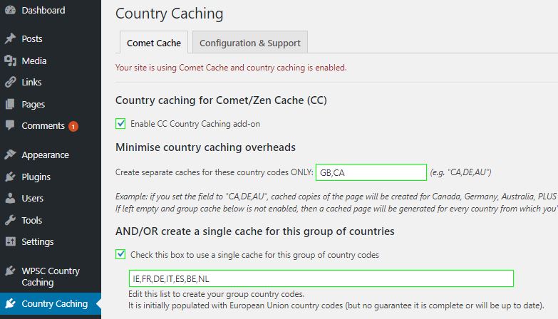 Simple set up. Dashboard->Settings->Country Caching