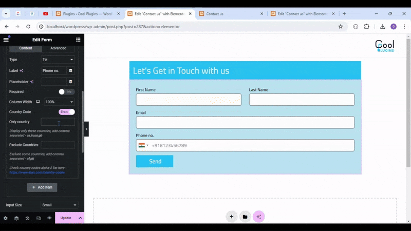Country Code For Elementor Form Telephone Field Settings configuration.