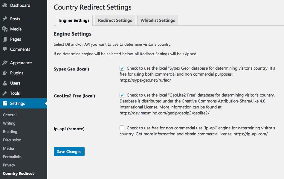 The screenshot shows country recognition engine settings. You can see at the screenshot, that by default, remote ip-api service is turned off, but if you use the plugin for non commercial purposes you can turn it on. More information at https://ip-api.com/