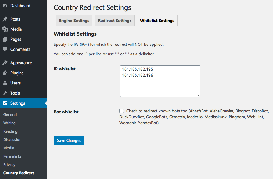 The screenshot shows whitelist settings