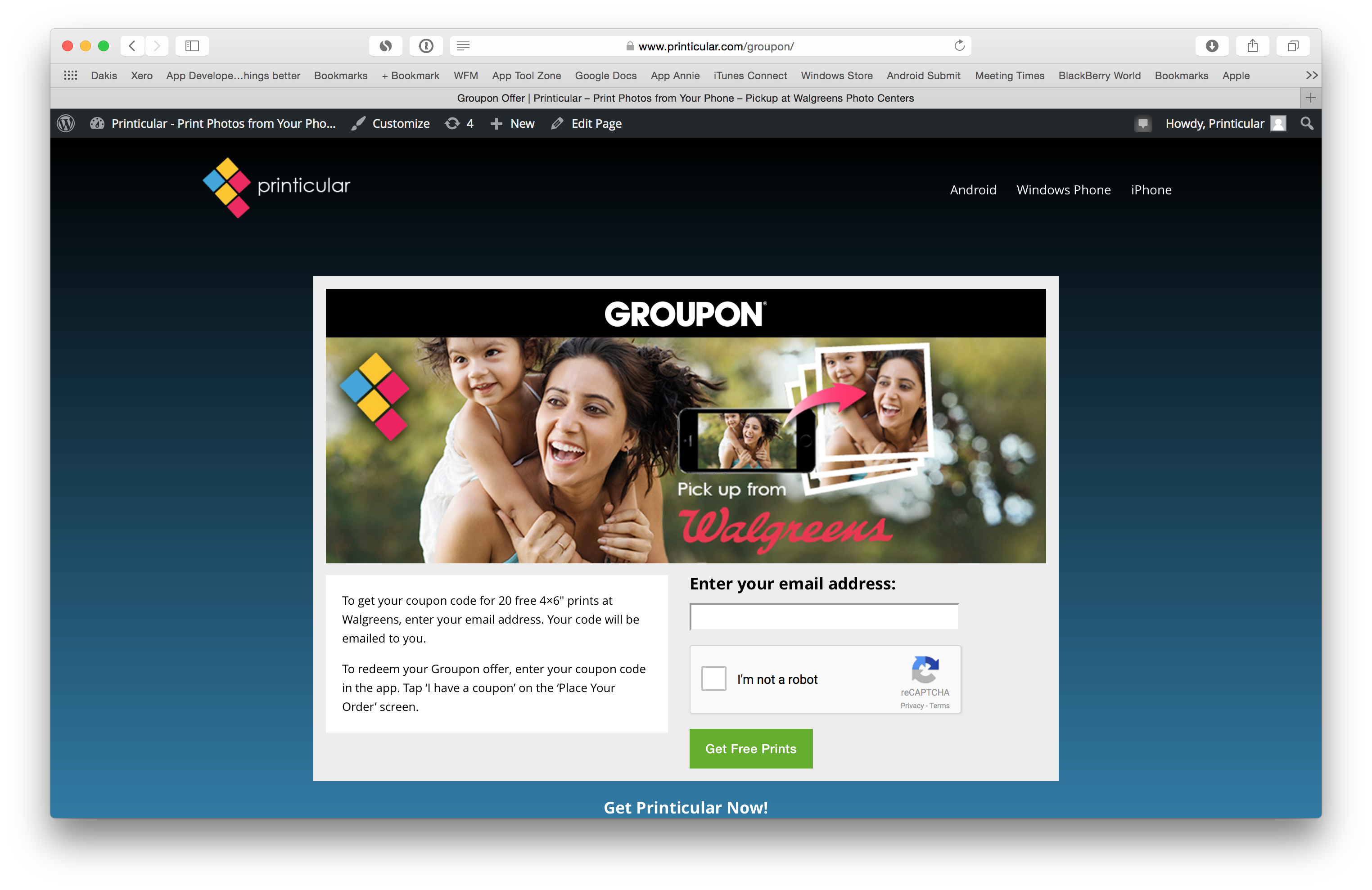 This an example form which distributes coupon code for an app called, <a href=“http://www.printicular.com”>Printicular</a> which sends your phone’s pictures to local retailers.