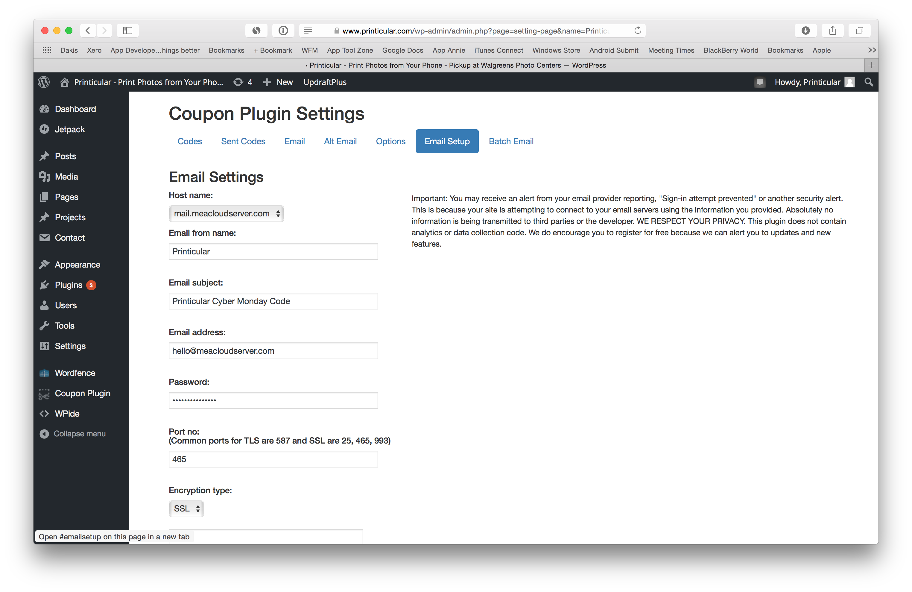 Configuration for setting up email account to send codes from.