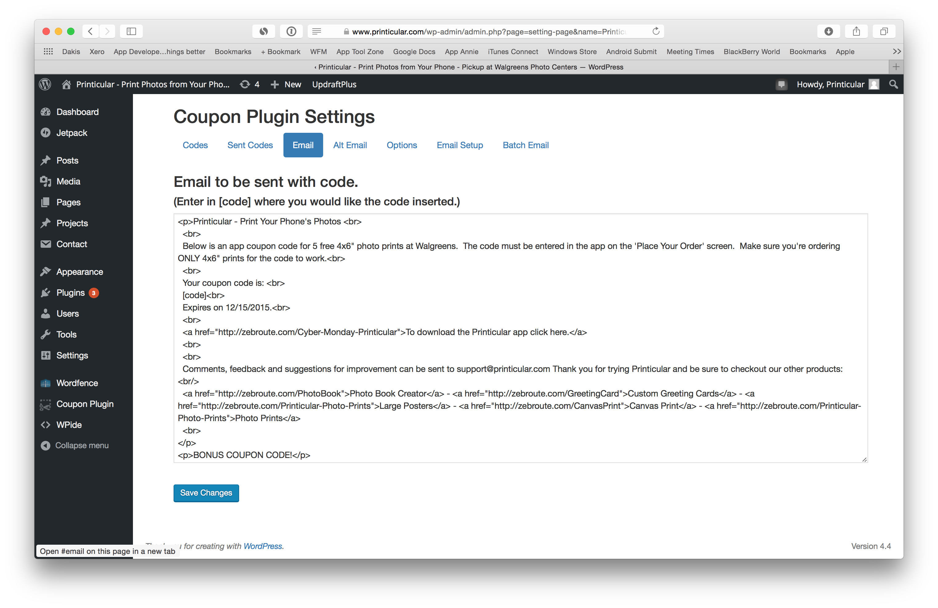 Email template page.  Create the template which is used to send the promo code in.