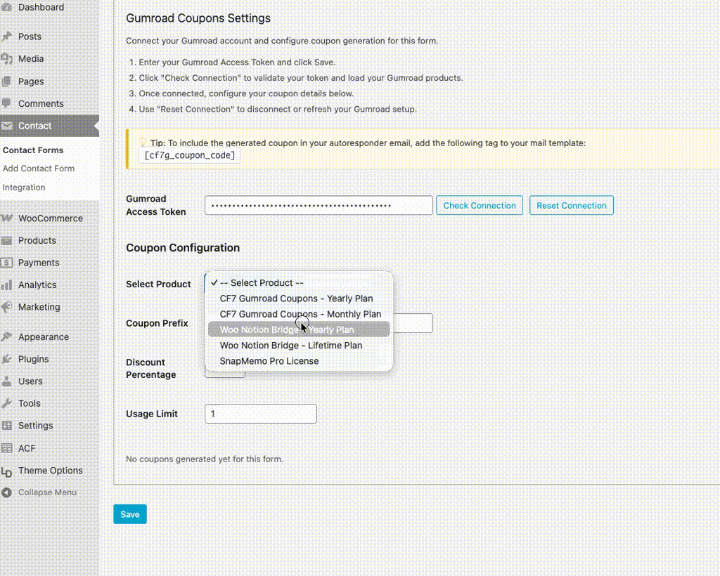 Configure your coupon settings. Choose your Gumroad product and customize how your discount codes are generated.