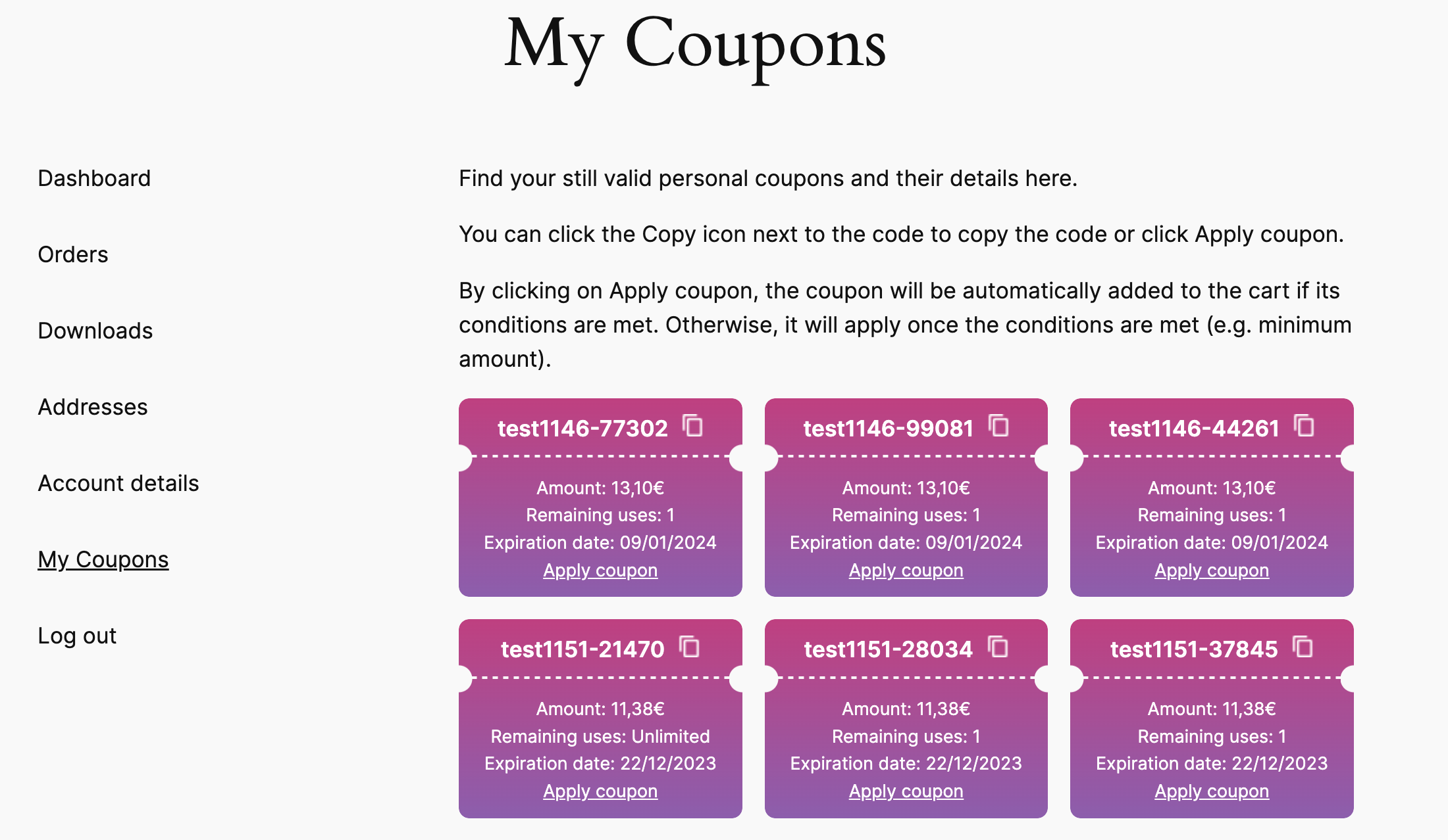 "My coupons" on the account page