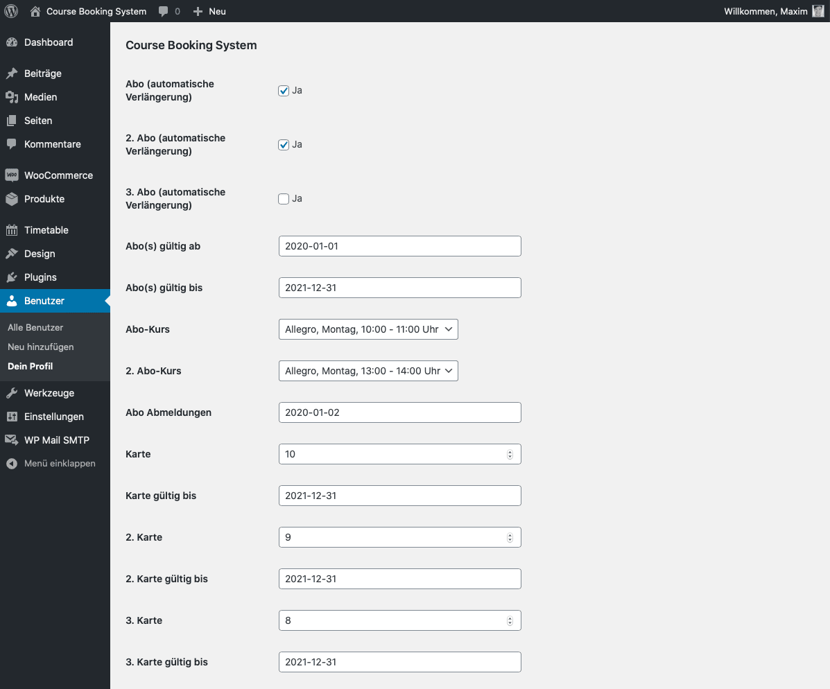Backend: View of individual users with the possibility to manage the card status and subscriptions