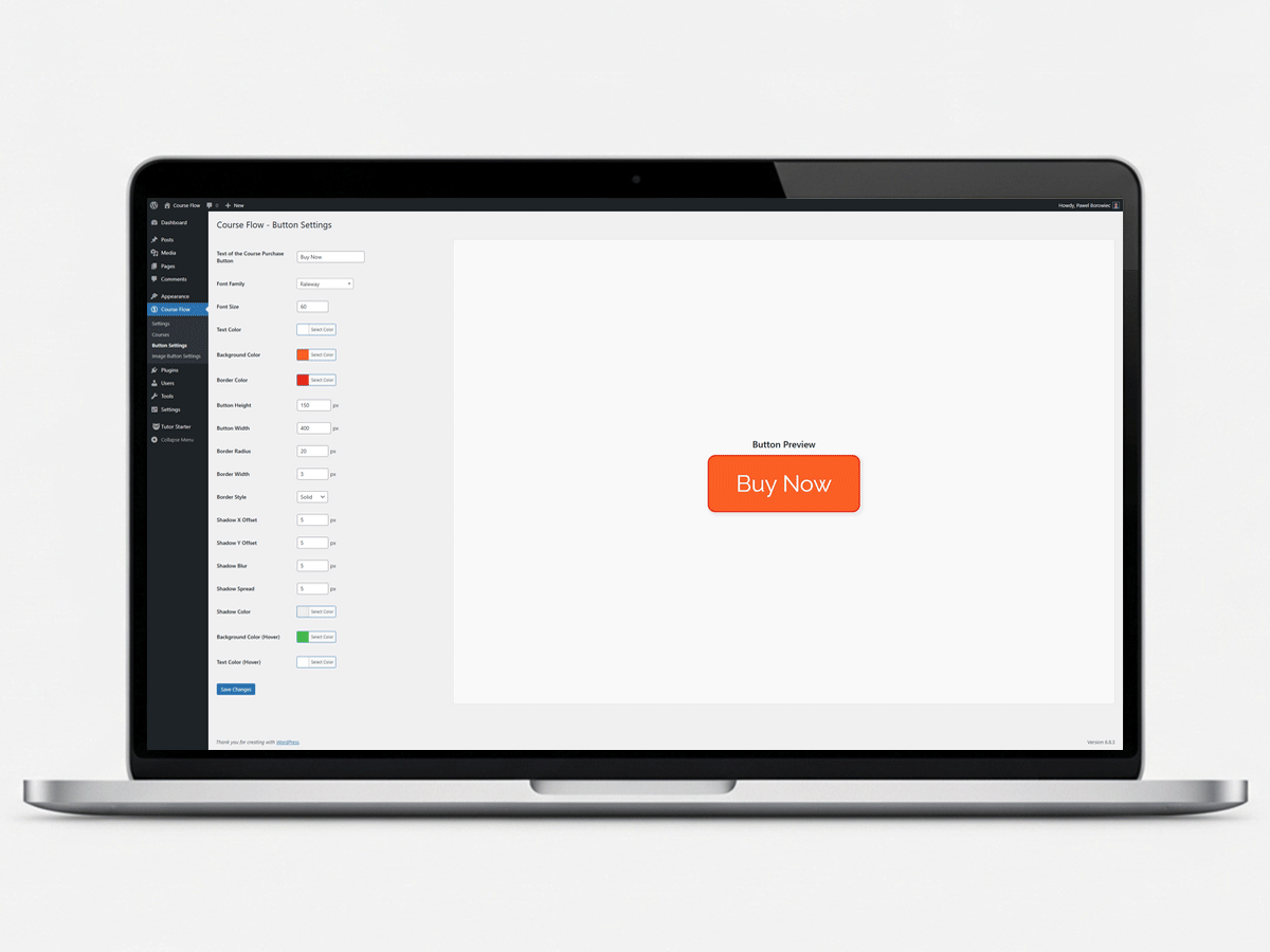 Button settings page with visual customization options.