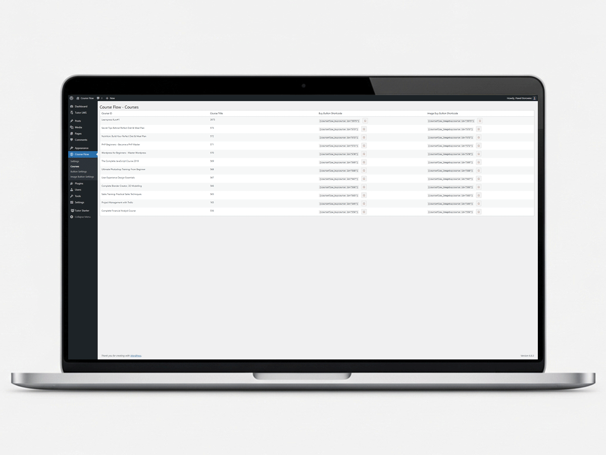 Courses admin listing with generated shortcodes.