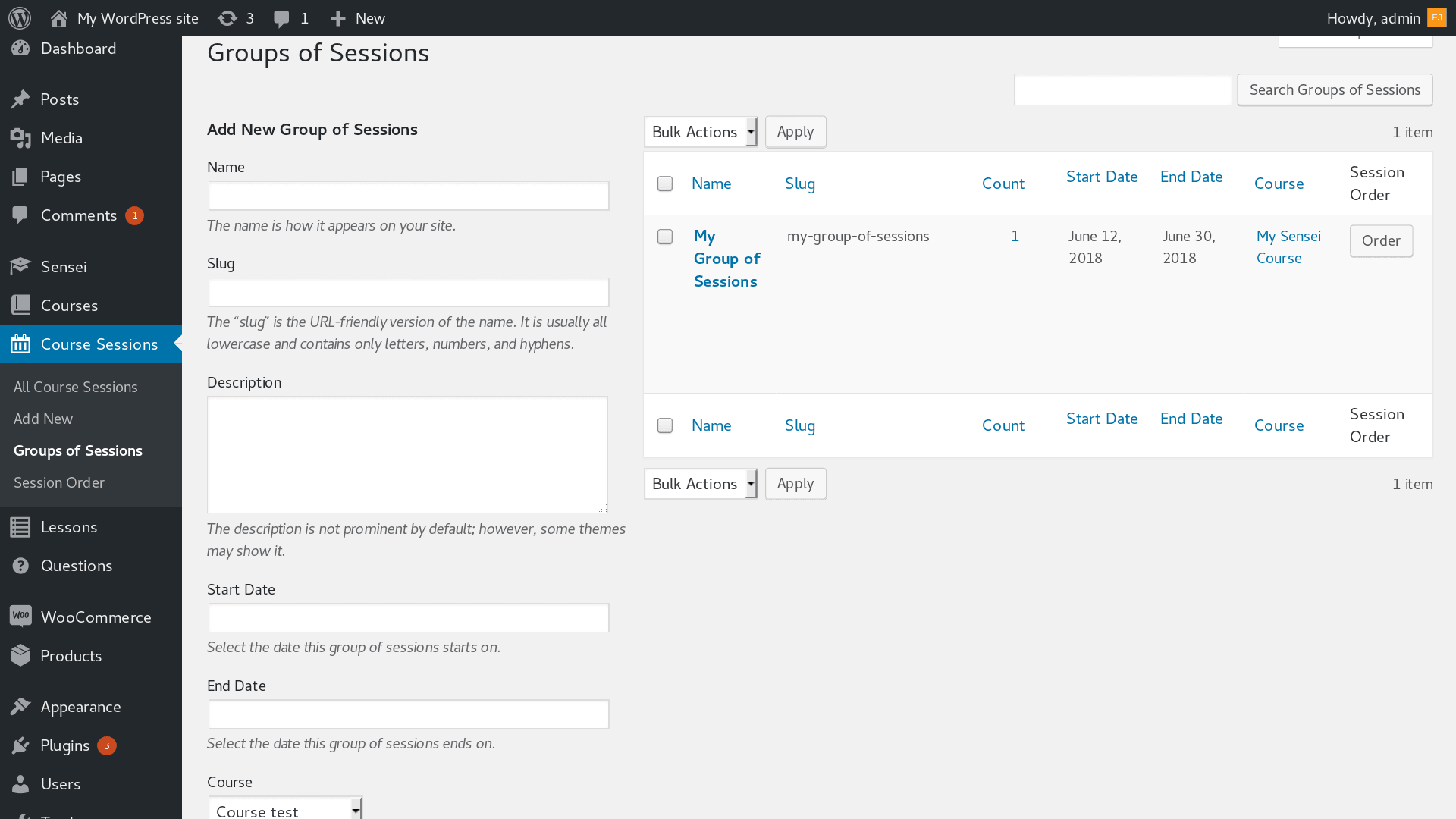 Group of Sessions screen. Add and manage Group of Sessions.