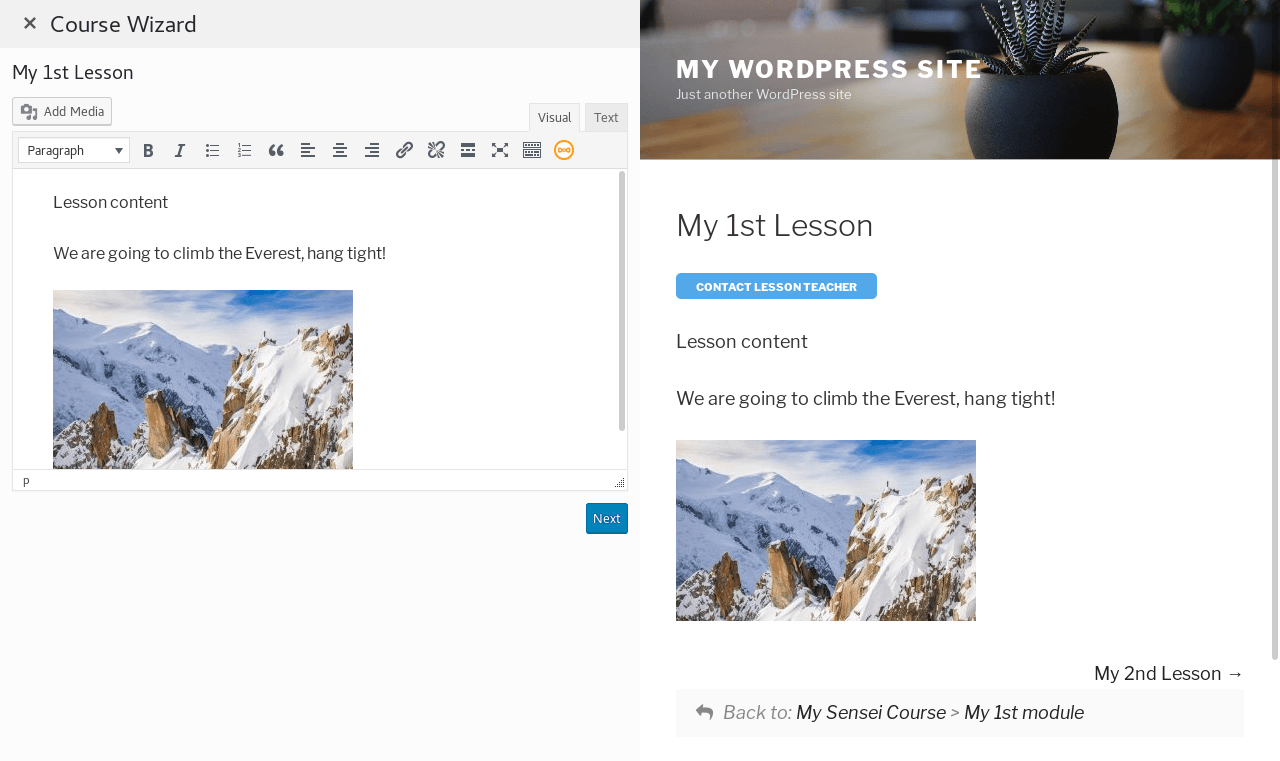 Lesson content screen. Edit your lesson content and preview it.