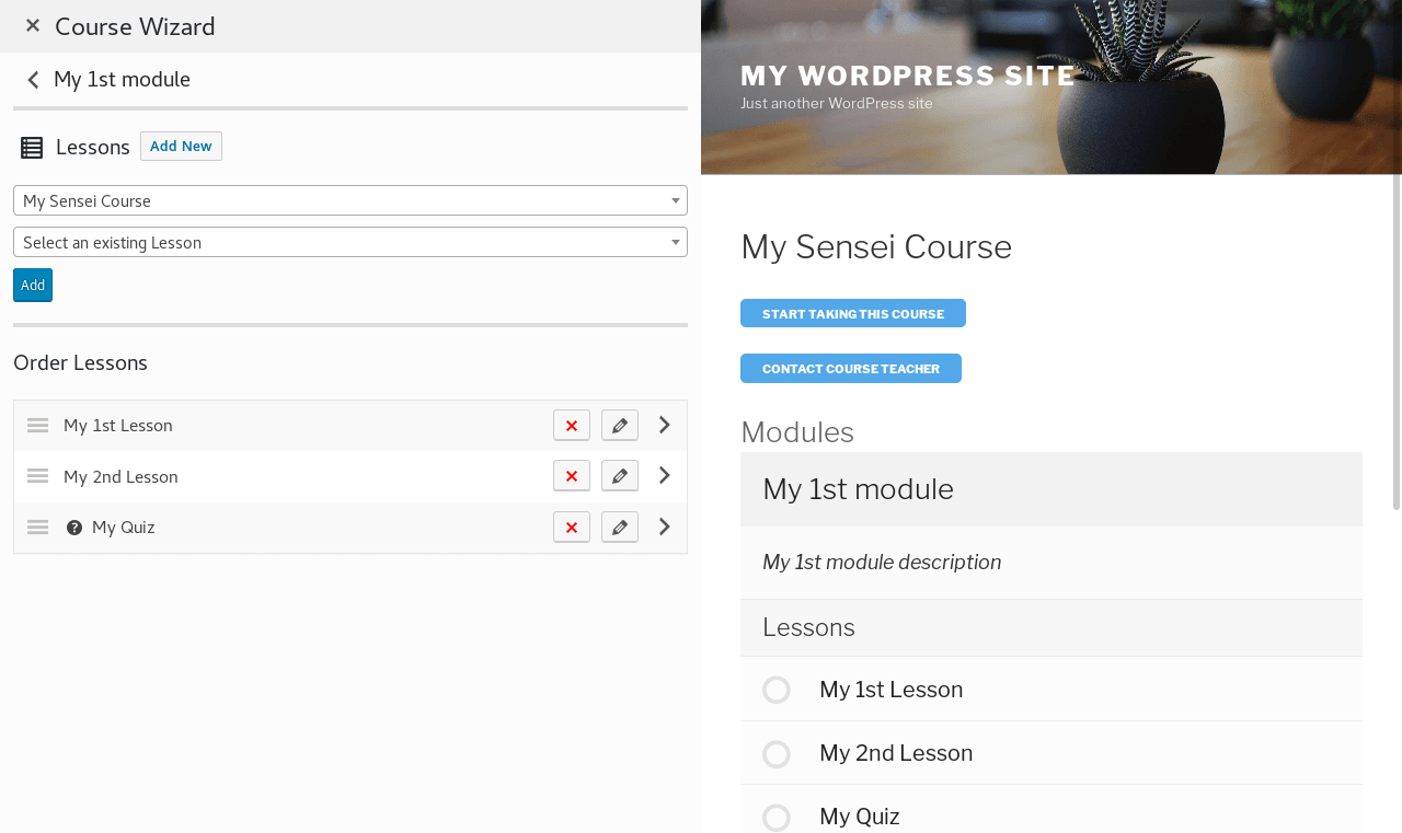 Lessons screen. Reorder, edit or remove modules from the list, or add (a new or existing) one.
