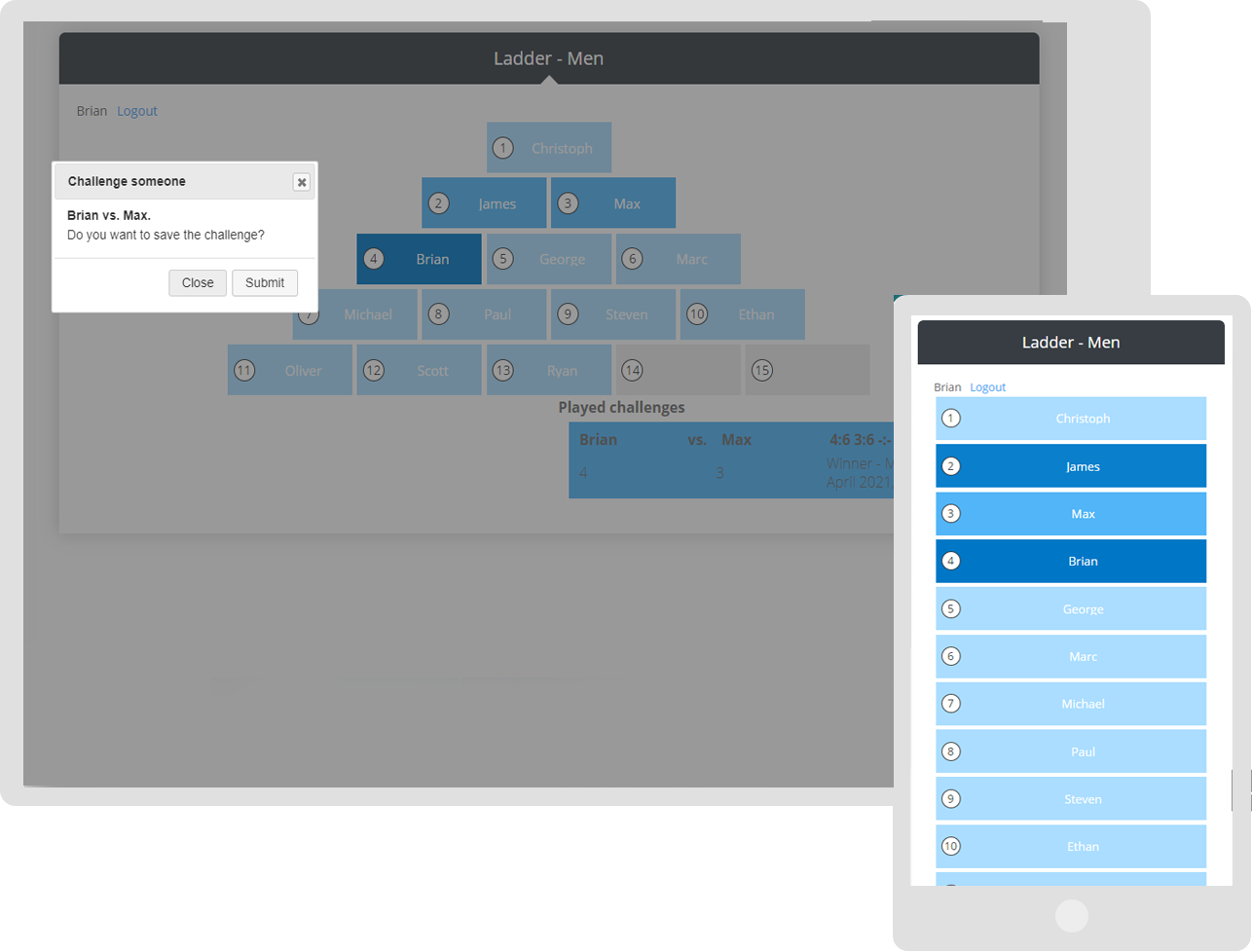 Pyramid Tournament on desktop and mobile.